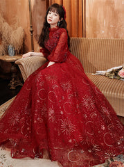 Vestido de fiesta largo de tul rojo vino con mangas abullonadas