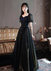 Black A-line Short Sleeves Tulle Long Formal Dress