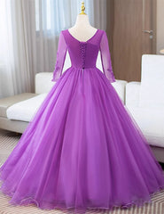 Vestido de fiesta de manga larga de tul morado con apliques de encaje