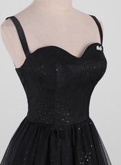 Black A-line Tulle Straps Simple Long Prom Dress