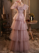 Vestido de fiesta de manga corta de tul brillante rosa oscuro