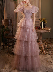 Vestido de fiesta de manga corta de tul brillante rosa oscuro