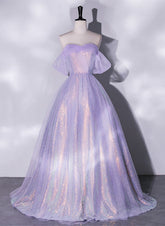 Vestido de fiesta lavanda de tul y lentejuelas en forma de A