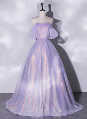 Vestido de fiesta lavanda de tul y lentejuelas en forma de A
