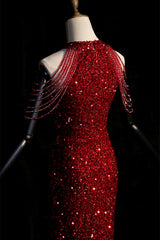 Wine Red Sequins Halter Mermaid Floor Length Party Dress