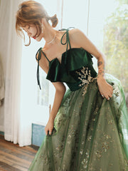 Beautiful Dark Green Straps Tulle with Velvet Party Dress