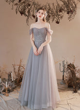 Grey Beaded Sweetheart Tulle A-line Off Shoulder Evening Dress
