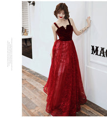 Wine Red A-line Floor Length Velvet and Tulle Straps Evening Dress Prom Dress