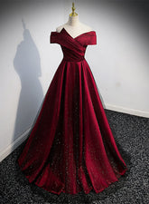 Black and Red Satin Off Shoulder Long Junior Prom Dress