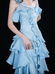 Light Blue High Low Satin Homecoming Dress