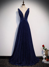 Vestido de fiesta largo azul marino con escote en V y corte A
