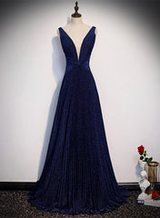Vestido de fiesta largo azul marino con escote en V y corte A