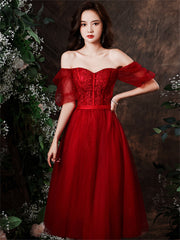 Cute Wine Red Tulle with Lace Tea Length Formal Dress
