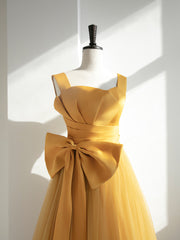 Yellow Tulle Long Party Dress with Bow