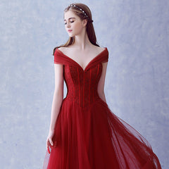 A-line Wine Red Tulle Beaded Long Party Dresses Formal Dress