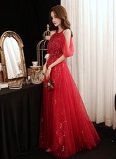 Vestido de fiesta largo con hombros descubiertos, lentejuelas rojas y cuentas