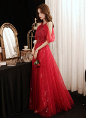 Vestido de fiesta largo con hombros descubiertos, lentejuelas rojas y cuentas
