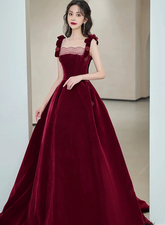 Wine Red Velvet Straps Flowers Lace-up Long Prom Dress