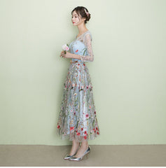 Light Blue Tea Length Lace Floral Wedding Party Dress