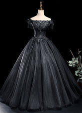 Black Tulle Off Shoulder with Lace Applique Party Dress