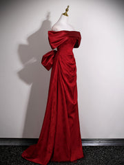 Wine Red Satin Off Shoulder Long Formal Dress with Bow
