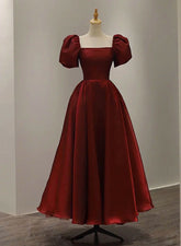 Vestido de fiesta de boda de manga corta color rojo vino hasta la rodilla