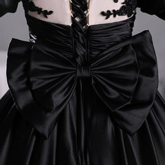 Black Satin A-line Floor Length Long Party Dress with Lace
