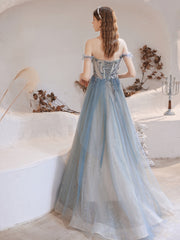 Blue Sweetheart Tulle Beaded Long Evening Dress Party Dress