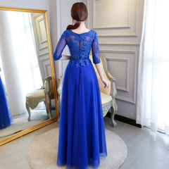 Blue Lace and Tulle 1/2 Sleeves Long A-line Bridesmaid Dress