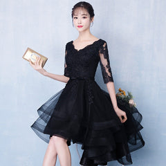 High Low Black V-neckline Short Sleeves Homecoming Dress