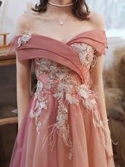 Gradient Pink Off Shoulder A-line with Flowers Prom Dress