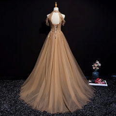 Charming Champagne Tulle Halter Long Party Gown