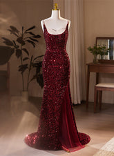 Wine Red Sequins Mermaid Long Formal Dress