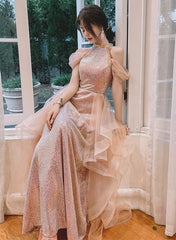 Vestido de noche largo rosa de tul y lentejuelas de corte A