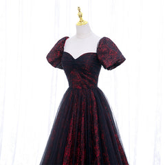 Vestido de fiesta largo con escote en forma de corazón de encaje negro y rojo