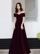 Wine Red Velvet Long A-line Bridesmaid Dress