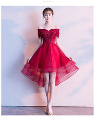 Red High Low Lace Flowers Tulle Off Shoulder Party Dress