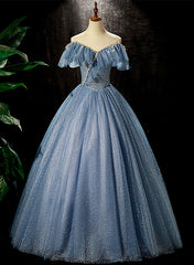 Vestido de fiesta largo con cuentas y hombros descubiertos en azul brillante