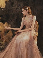 Vestido de fiesta largo de tul con tirantes de color rosa oscuro y encaje