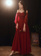A-line Wine Red Beaded Straps Tulle Prom Dress