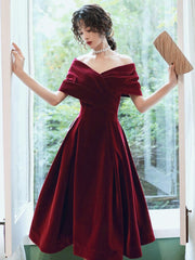 Wine Red Velvet Tea Length Homecoming Dress