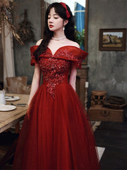 Wine Red Tulle Off Shoulder Floor Length Party Dress