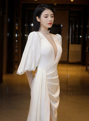 Beautiful White Puffy Sleeves Long Party Dress with Leg Slit