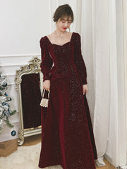 Vestido de fiesta de terciopelo rojo vino con mangas largas y corte A