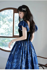 Blue Floral Satin Sweetheart Floor Length Party Dress