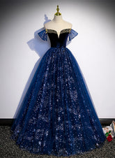 Vestido de fiesta largo de tul azul marino con hombros descubiertos y cuentas