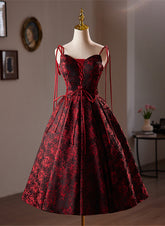 Wine Red Floral Satin Straps Knee Length Party Dress