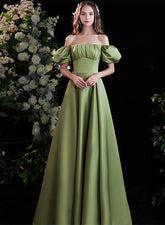 Green Satin Long Prom Dress iwith Short Sleeves