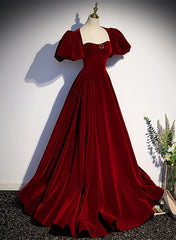 Vestido largo de fiesta con mangas abullonadas de terciopelo rojo vino