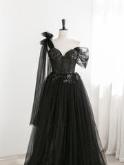 Sexy Black One Shoulder Tulle Sweetheart Sequins Party Dress